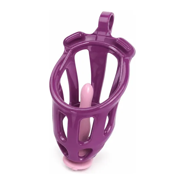 Plastic Chastity Cage, purple resin cage with pink insert, three-quarter view