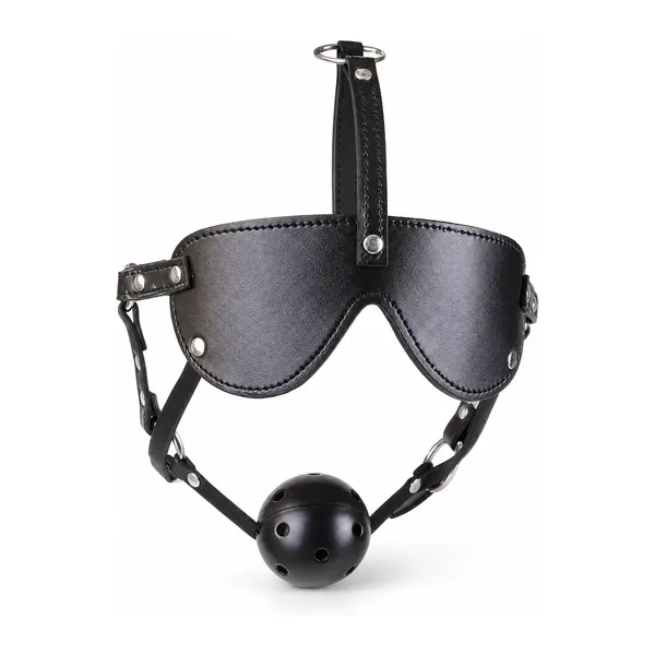 Blindfold Gag, black leather blindfold with perforated ball gag