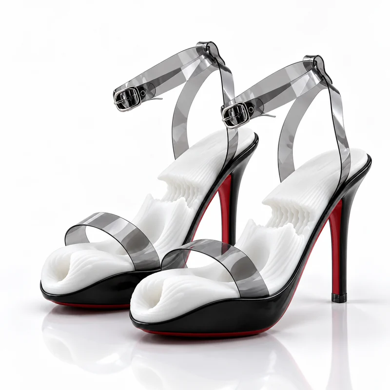 Designer Heel in Noir: pair on white, three-quarter view