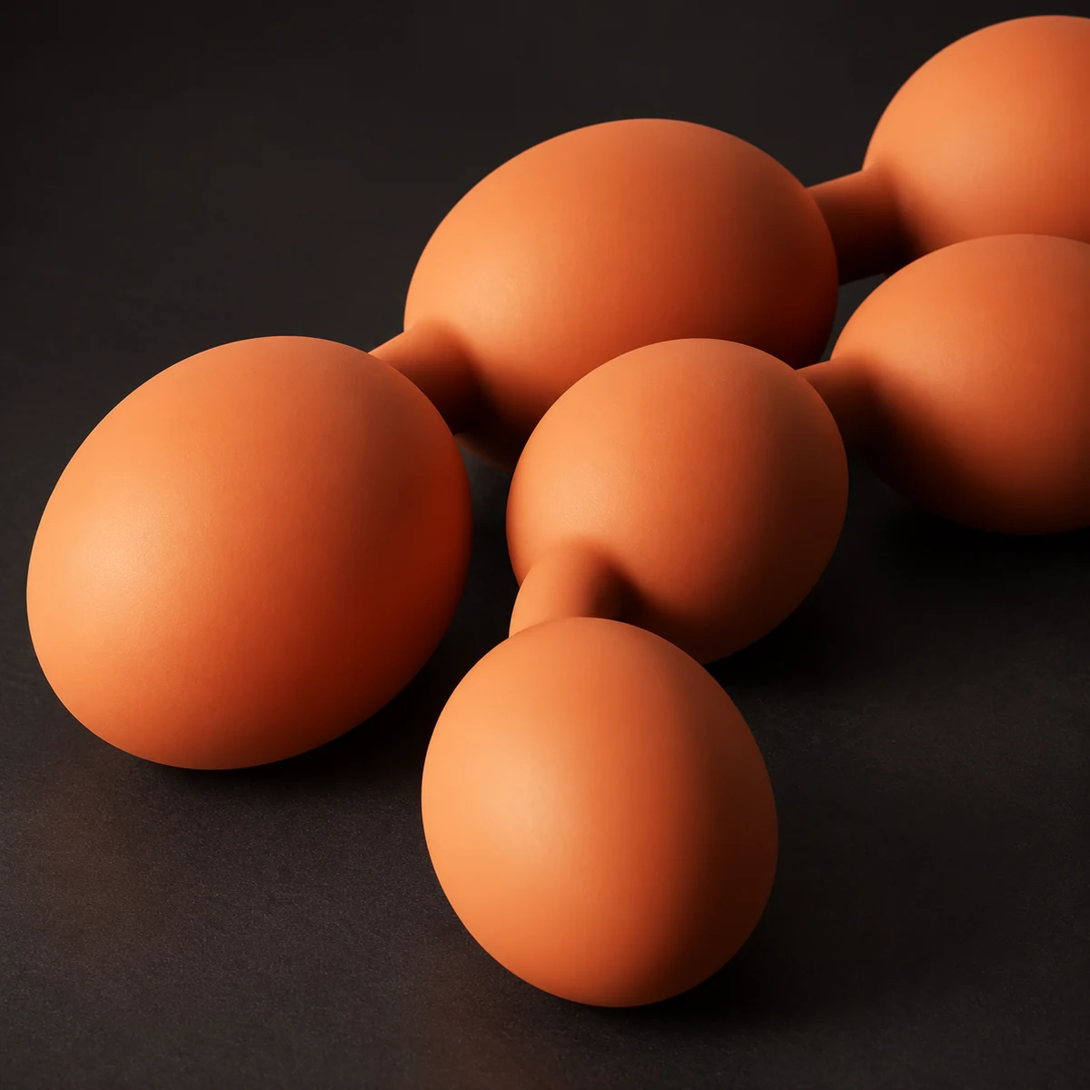 Copper silicone egg-shaped beads, studio detail with connecting necks