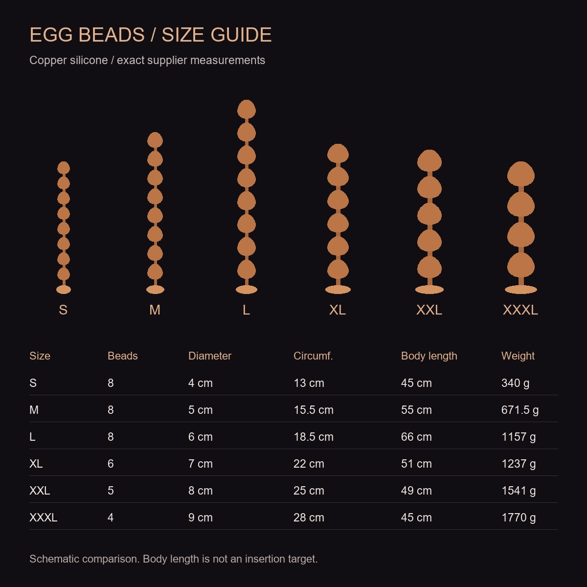 Egg Beads size comparison with exact supplier measurements S to XXXL
