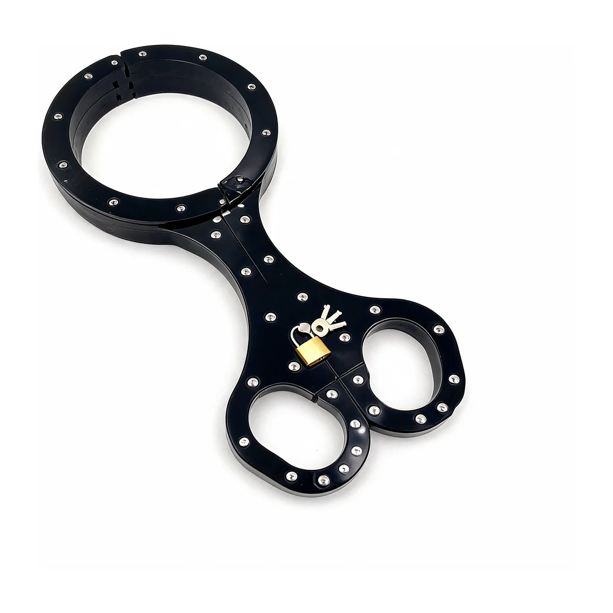 Locking Handcuff Shackle, black anodised plate with neck and wrist openings and padlock