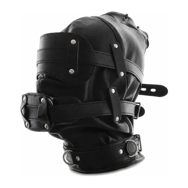 Leather Full-Face Hood, black leather hood with adjustable straps