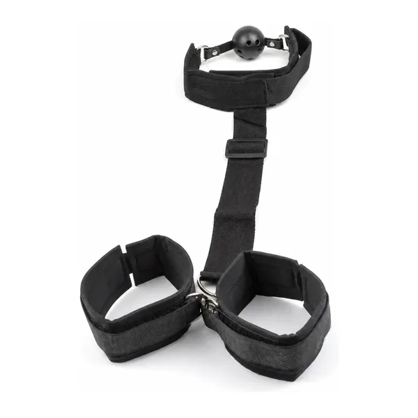 Gag Handcuff Harness, neoprene collar with ball gag and wrist cuffs