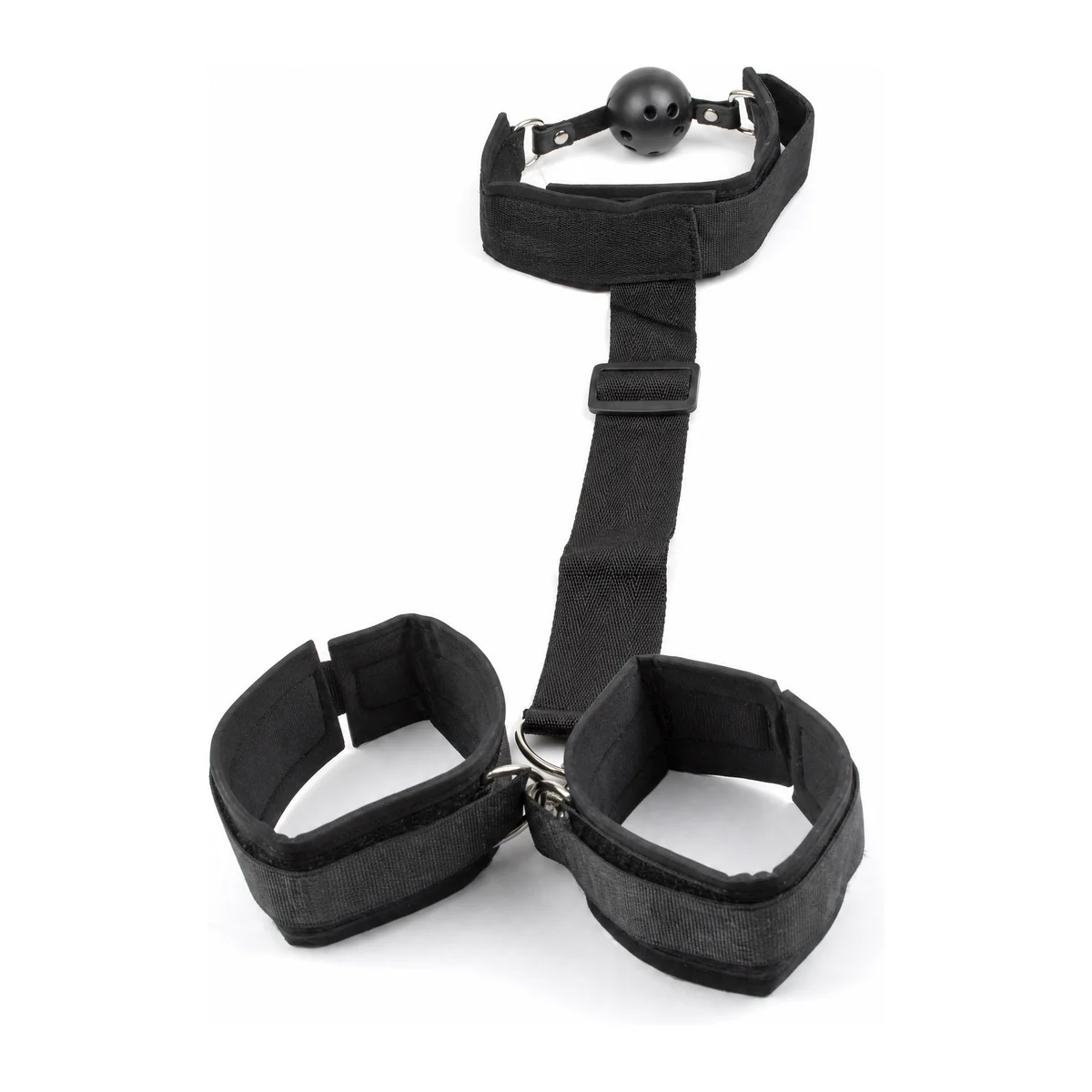 Gag Handcuff Harness, neoprene collar with ball gag and wrist cuffs