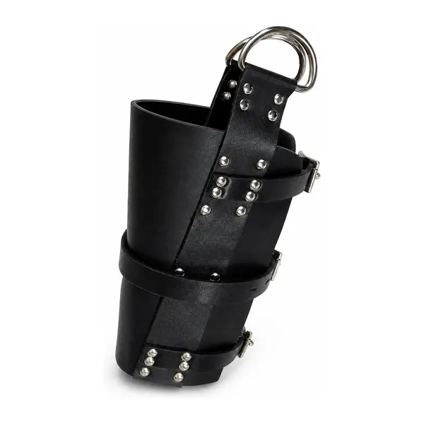 Hanging Cuffs, studded black leather cuff with steel D-ring