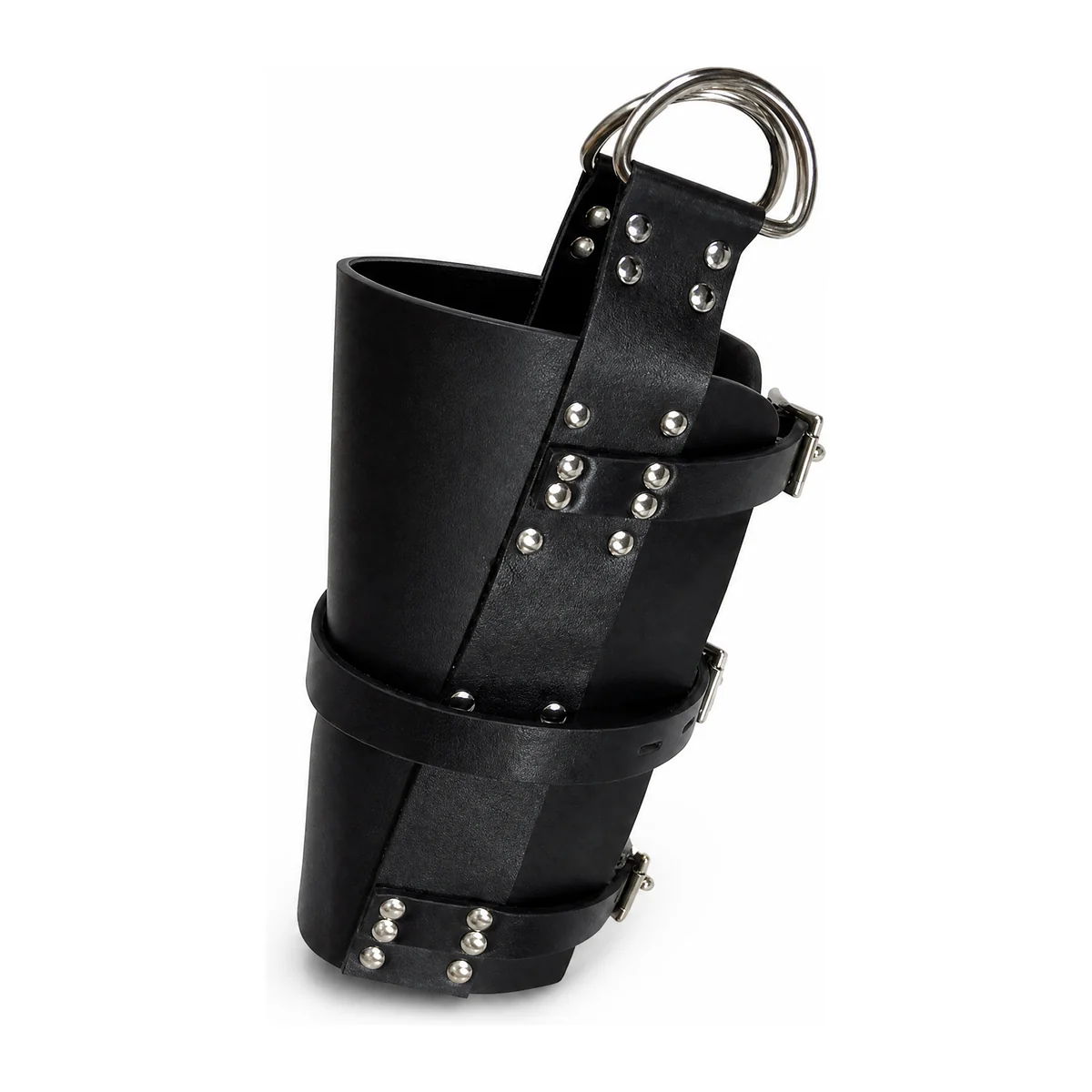 Hanging Cuffs, studded black leather cuff with steel D-ring