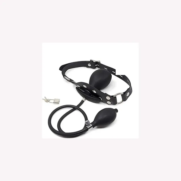 Inflatable Mouth Gag, black strap with inflatable bulb, pump and padlock