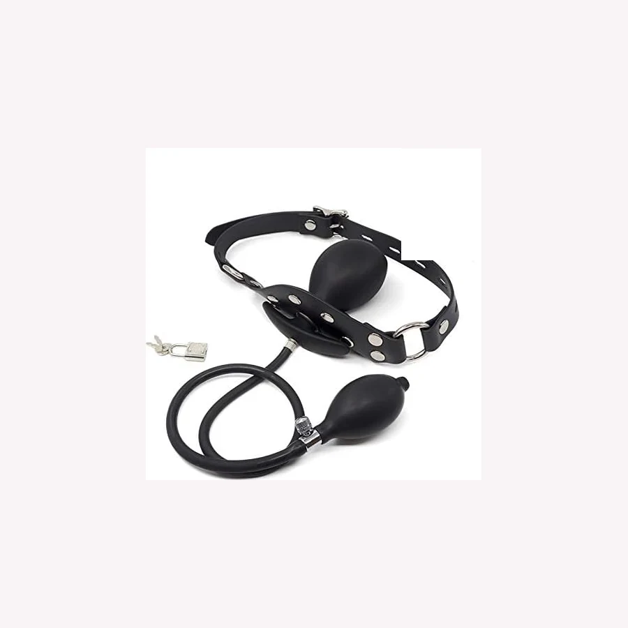 Inflatable Mouth Gag, black strap with inflatable bulb, pump and padlock