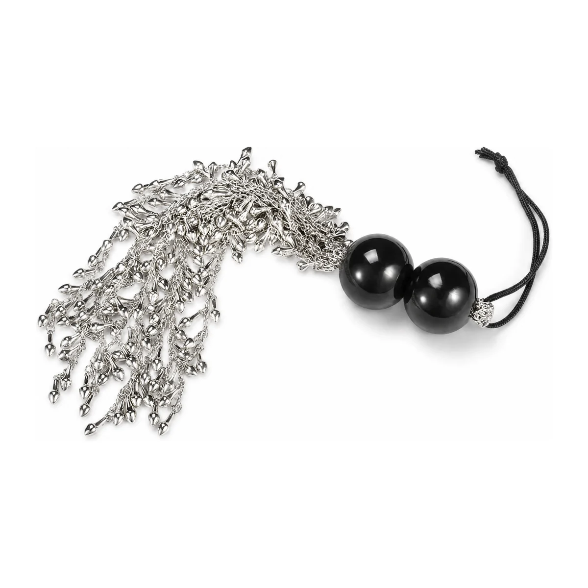 Metal Tassel Flogger, silver chain falls with twin black ball beads and cord loop