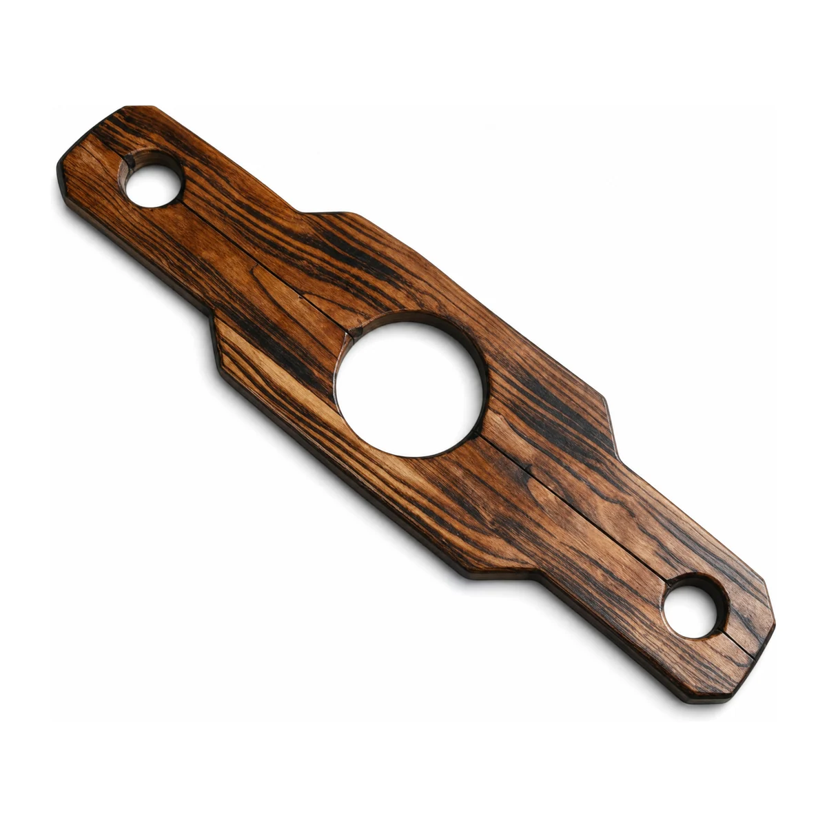 Wooden Shackles, zebrawood board with three openings