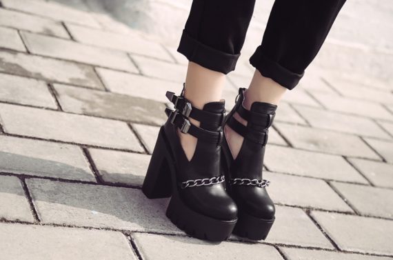 Chains and Whips Thick Heel Boots | Onyx Bunny