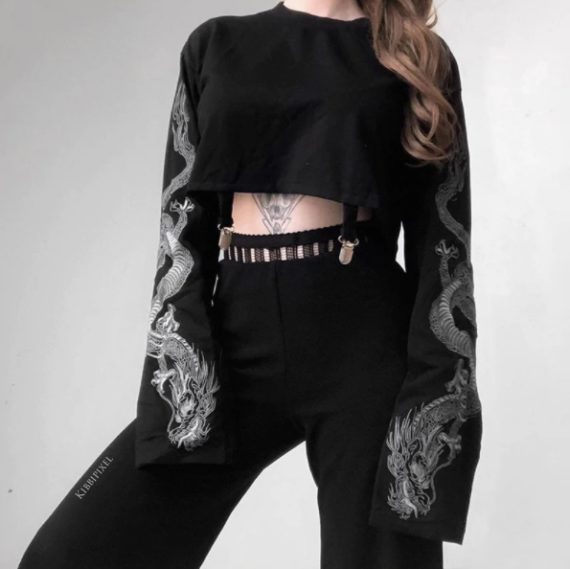 white dragon long sleeve crop top